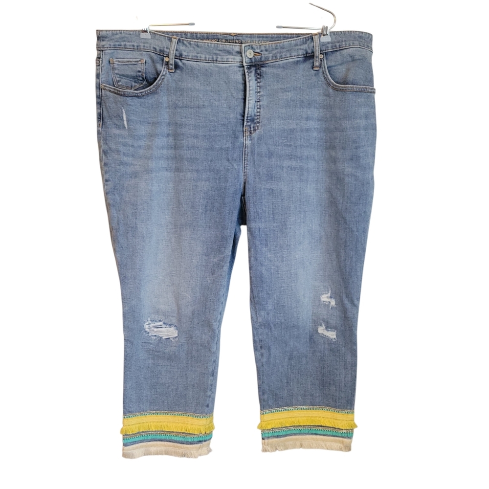 Chico's So Slimming Girlfriend Crop Jeans Sz 20| Fringe Striped Cuff Slim Leg - Picture 2 of 11